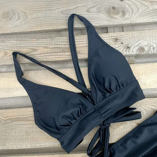 Vista 6 de SPORLIKE - Traje de baño de cintura alta para mujer, bikini de dos piezas con control de abdomen y parte superior triangular