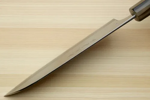 Vista 5 de Yoshihiro Cuchillo de chef multiusos de acero inoxidable HAP40 Santoku de alta velocidad, mango de ébano natural, 7 "(180 mm)