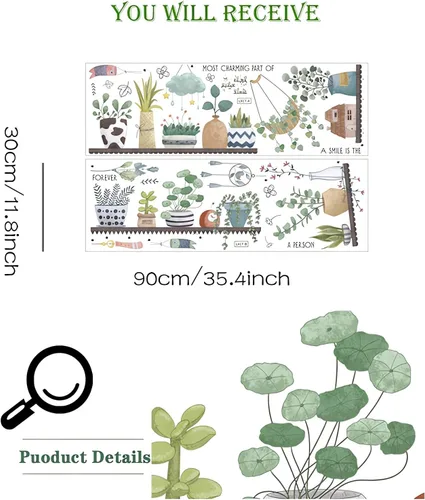 Vista 5 de Calcomanías de pared en maceta con plantas verdes frescas, hojas de sacinora para jardín, calcomanías de pared extraíbles de vinilo para despegar