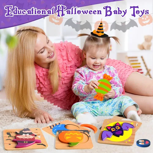 Vista 6 de Rompecabezas de madera de Halloween para niños pequeños de 1 a 3 años, rompecabezas de madera con calabaza, murciélago, fantasma, dulces, bruja