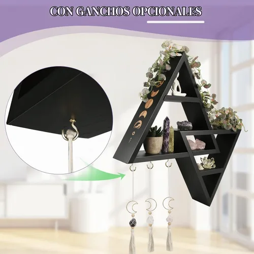 Vista 6 de ANROYE Estante triangular de fases lunares con ganchos, estantes de cristal de madera negra Wiccan para almacenamiento de joyas de mujer, piedra