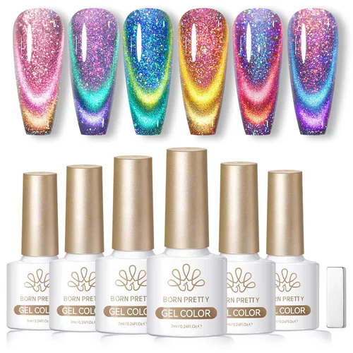 Vista 38 de Born Pretty - Esmalte de uñas de gel magnético 9D con purpurina reflectante, esmalte de gel holográfico de color gato magnético, juego de 7ml, 6