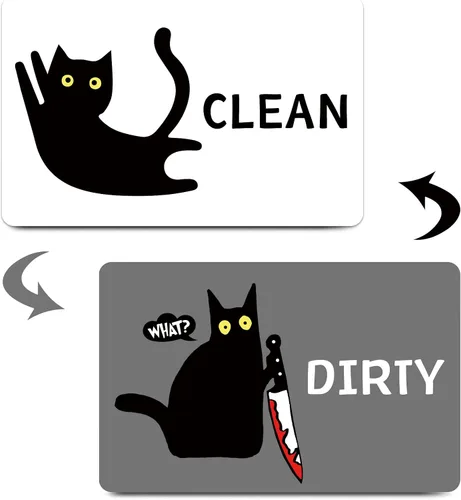 Vista 12 de Imán divertido de dibujos animados con diseño de gato limpio y sucio para lavavajillas, imán para lavadora, gato negro, nevera, limpio, sucio, doble