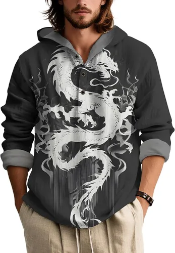 Vista 15 de Sudadera con capucha con estampado novedoso para hombre, multiestilo, manga larga, casual, con botones de un cuarto