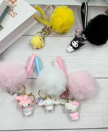 Vista 6 de PaPiJoJo Lindos llaveros para niñas, Kawaii Pom Pom Fuzzy Llavero Accesorios Pulsera Llavero de dibujos animados Llavero
