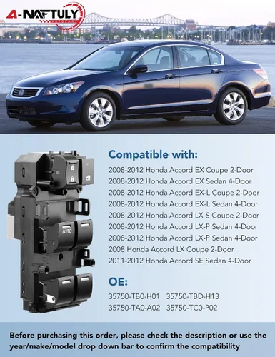Vista 2 de Interruptor maestro de ventana eléctrica para lado del conductor, reemplazo, compatible con Honda Accord 2008 2009 2010 2011 2012, control