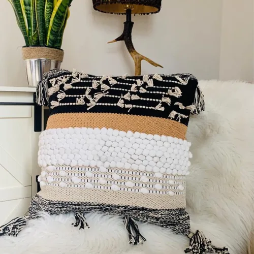Vista 5 de Funda de almohada COZYDEKO estilo boho, de 18 x 18 pulgadas, almohadas decorativas marroquíes rústicas bohemias con acentos copetados, algodón