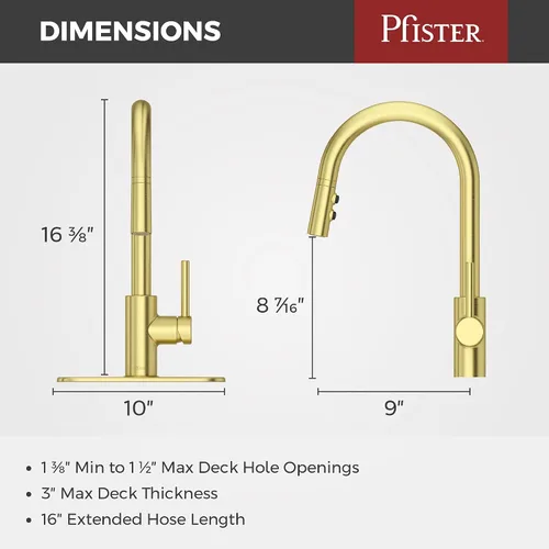 Vista 2 de Pfister Stellen - Grifo de cocina con pulverizador extraíble, de una sola manija, de alto arco, acabado en oro cepillado, LG529SABG