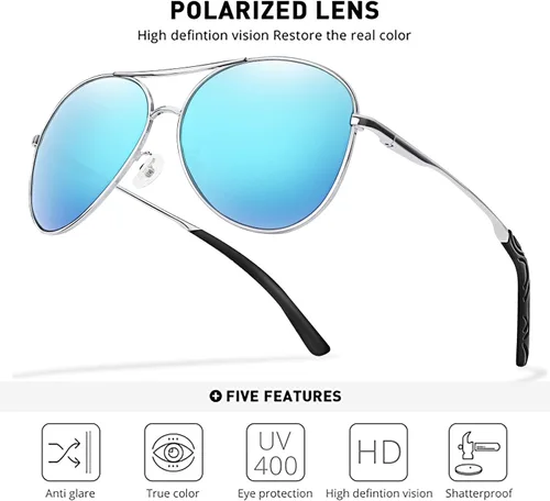 Vista 4 de BOTPOV Gafas de sol de aviador para hombres y mujeres, polarizadas, protección UV400, lente espejada, marco de metal con bisagras de resorte..