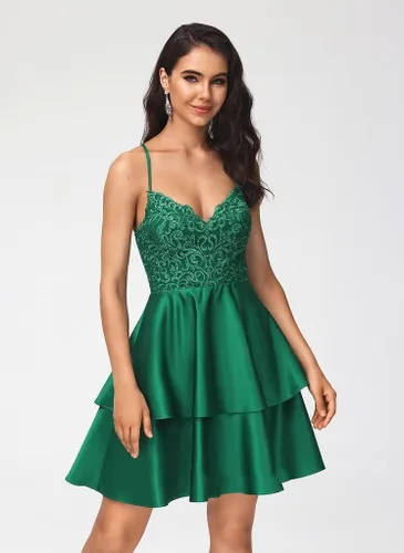 Vista 2 de TIRAS Vestido corto de fiesta con cuello en V para mujer, tirantes delgados, apliques de satén, con bolsillos, para adolescentes, 2023 CM220