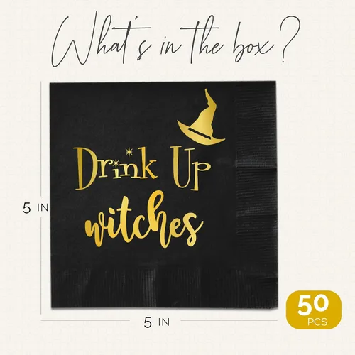 Vista 2 de Servilletas de Halloween Drink Up Witches, 52 servilletas de cóctel de Halloween para decoración, cena, bebidas y suministros de fiesta de brujas