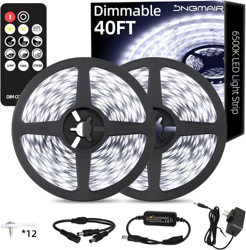 Vista 9 de Tira de luces LED de 20 pies con control remoto, 3000 K luces de cinta cálida y regulable, 12 V, 360 LED, 2835 luces adhesivas fuertes para armario