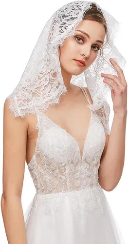 Vista 2 de Velo de mantilla de encaje, bufanda de encaje floral vintage, triángulo blanco, velo de boda, velos largos de capilla, iglesia católica de misa