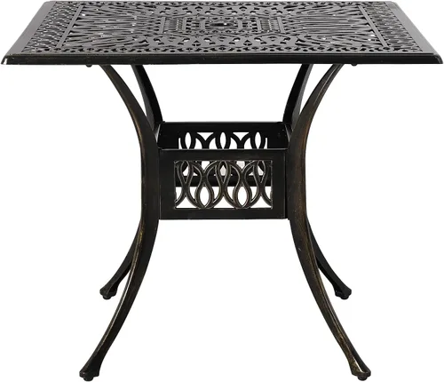 Vista 11 de VIVIJASON Mesa de patio de 30.5 pulgadas, mesa cuadrada de comedor al aire libre, mesa de comedor de aluminio fundido de bronce con agujero