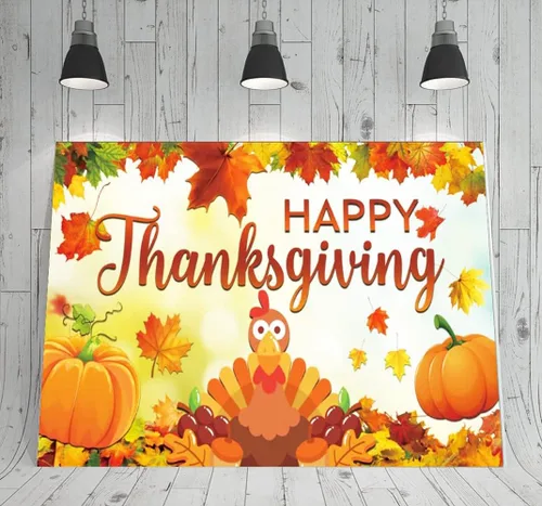 Vista 3 de Decoración de fondo grande de 6 x 3.6 pies para decoración de Acción de Gracias, calabaza, pavo, hojas de arce, decoración de fondo para decoración