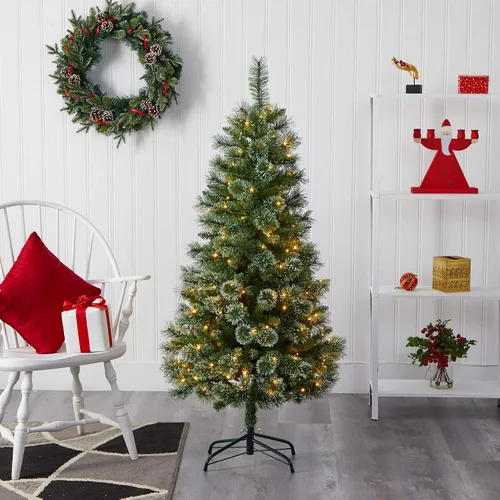 Vista 5 de Árbol de Navidad artificial de pino con punta de nieve delgado de 1.5 m de Wisconsin de Nearly Natural con 150 luces LED transparentes