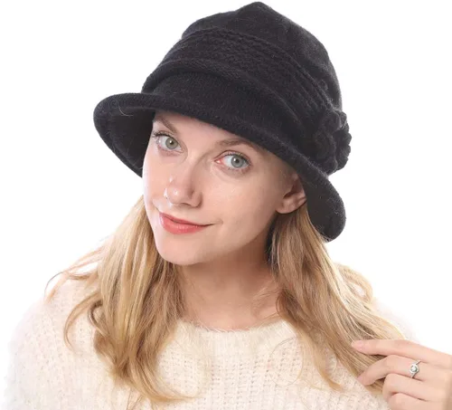 Vista 116 de C-US - Gorro de punto cálido para mujer, con visera de ganchillo con acento de flores