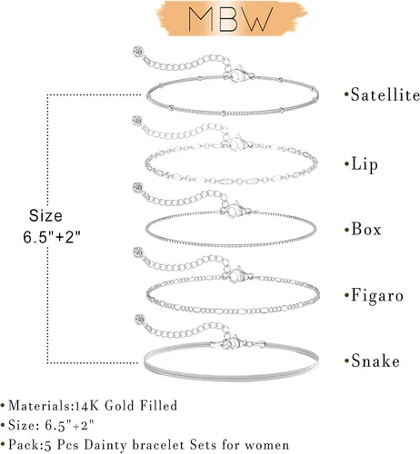 Vista 5 de MBW Pulseras de plata para mujer, delicadas pulseras de plata para mujer, juego de pulseras de plata de 14 quilates, impermeables, joyería