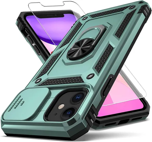 Vista 10 de Funda para iPhone 11, con cubierta para lente de cámara, protector de pantalla HD, [grado militar] anillo de montaje en coche con soporte híbrido