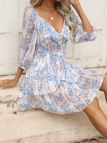 Vista 3 de Vestido corto de manga larga con volantes y cuello en V profundo para mujer