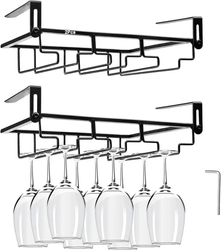 Vista 8 de AUHOKY Estante ajustable para copas de vino debajo del gabinete, soporte de metal para copas de vino de 4 filas, sin perforaciones, organizador
