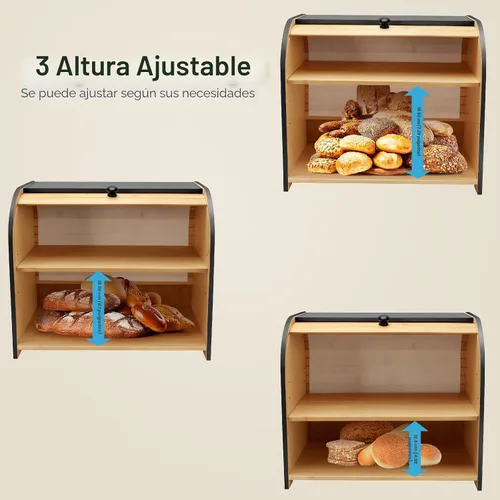 Vista 4 de Panera para Encimera de Cocina, Contenedor de Almacenamiento de Pan de Bambú de Doble Capa para Pan Casero, Panera con Tapa Enrollable con 3 Alturas