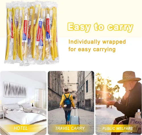 Vista 2 de Cepillos de dientes desechables con pasta de dientes, amarillo hueco, paquete de 20 Toothbrush with 10g Toothpaste Individually Wrapped Disposable