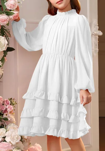 Vista 4 de MITILLY Elegante vestido de manga larga con cuello redondo y volantes para niñas de 6 a 12 años