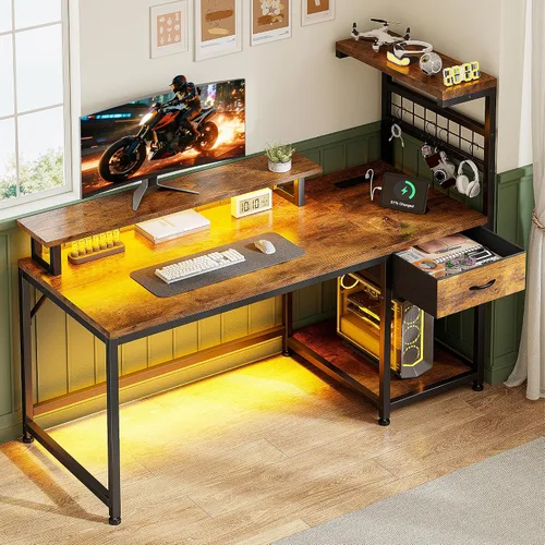 Vista 11 de EnHomee - Escritorio para juegos de 40 pulgadas con luces LED y tomas de Negro