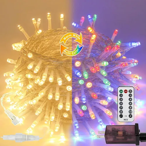 Vista 34 de Guirnalda de 100 luces LED conectables para interiores y exteriores, luces de Navidad blancas cálidas de 33 pies, impermeables, 13 modos
