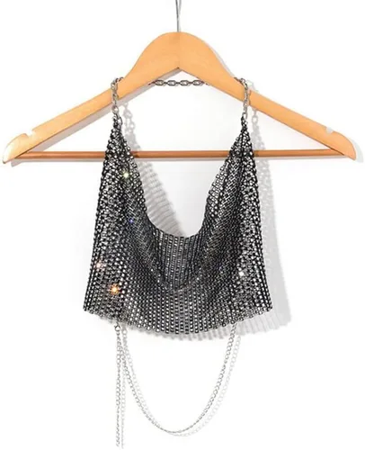 Vista 2 de Inzegao Camiseta corta sin mangas con diamantes de imitación brillantes para mujer, sexy, cadena de cristal, cuello en V, espalda descubierta, metal