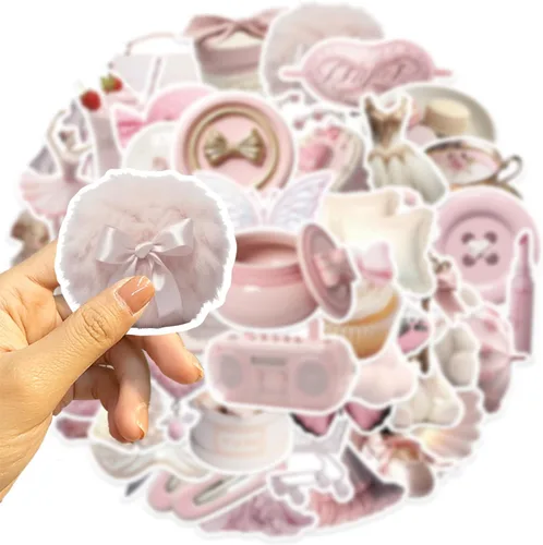 Vista 4 de Paquete de 50 calcomanías femeninas rosas estéticas Kawaii para botella de agua, laptop, patineta, guitarra, álbum de recortes, diario, calcomanías