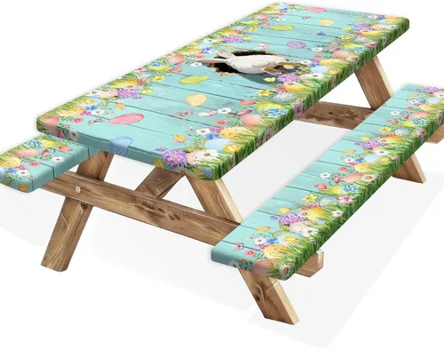 Vista 45 de Funda para Mesa de Picnic con Fundas para Bancos y Bolsa, Campista de Madera Impermeable Resistente al Viento, Cubierta de Mantel Ajustada con Borde