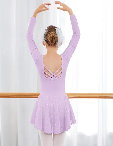 Vista 4 de Arshiner Leotardos de ballet de manga larga para niñas con faldas brillantes, vestidos de baile con espalda cruzada