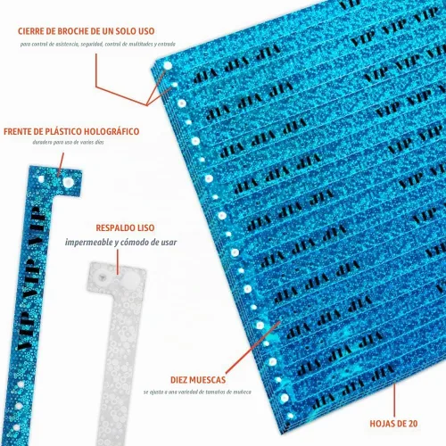 Vista 2 de 100 pulseras holográficas de plástico VIP azules de Wristco - Pulseras para eventos Azul Vip