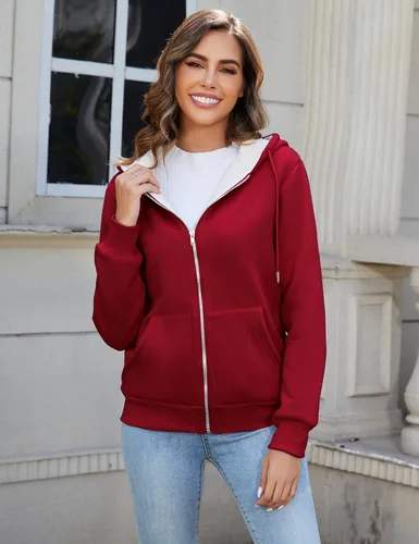 Vista 4 de Flygo Sudaderas con capucha de invierno para mujer, con cremallera, forro polar y forro de sherpa