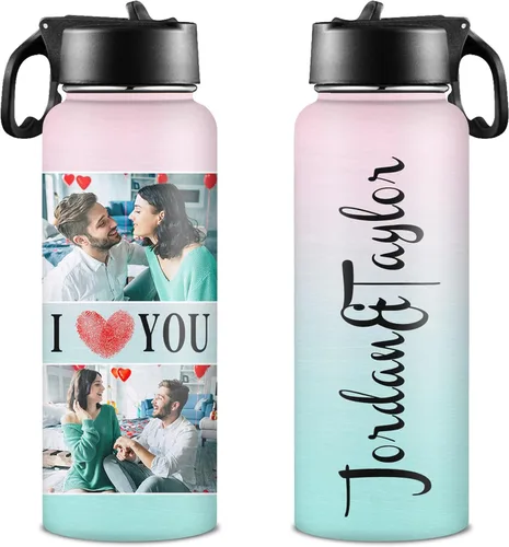 Vista 12 de Botellas de agua personalizadas para niñas, de acero inoxidable con aislamiento de doble pared con pajita, botella de agua de color degradado