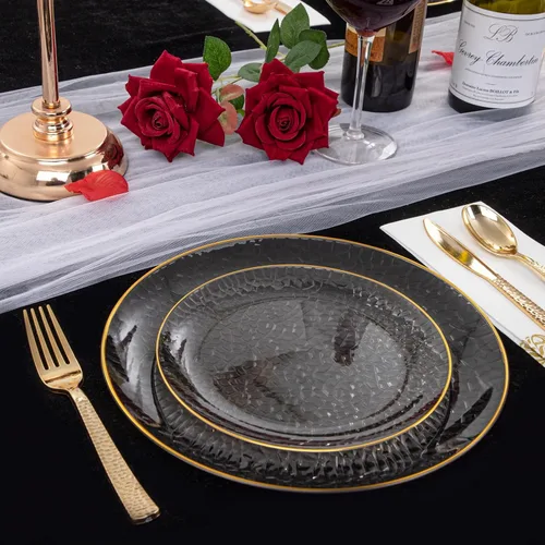 Vista 9 de Hioasis 60 piezas de platos de plástico negro - Juego de vajilla desechable con borde dorado, martillado, resistente, adecuado para 30 invitados