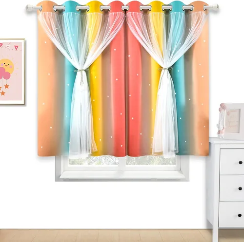 Vista 9 de Cortinas de rayas de estrellas para dormitorio de niñas, cortinas huecas para ventana, cortinas de ventana con ojales, cortinas coloridas degradadas