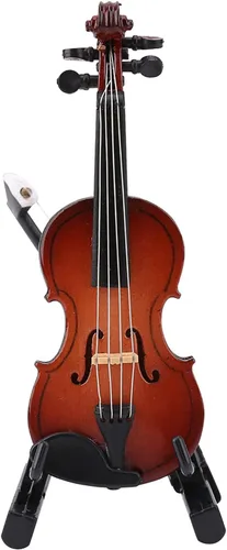 Vista 9 de Violonchelo miniatura de madera con soporte, arco y estuche Mini instrumento musical en miniatura modelo de casa de muñecas para decoración del hogar