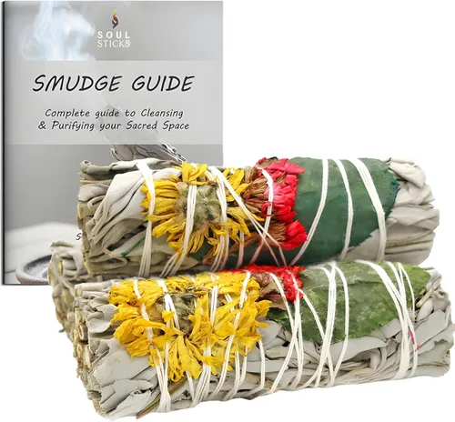Vista 15 de SOUL STICKS Paquete de 3 barras de salvia blanca floral con flores para limpiar el hogar, meditación, yoga, curación y manchas, California de origen