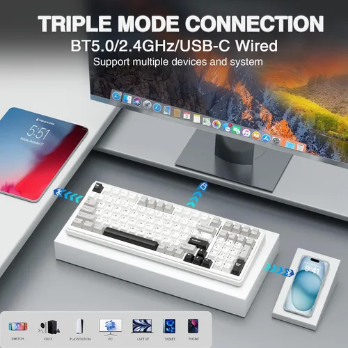 Vista 3 de AULA Teclado mecánico inalámbrico F99, triple modo Bluetooth 5.02.4GHzUSB-C, teclado personalizado intercambiable en caliente, interruptores