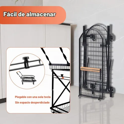 Vista 4 de Carrito de compras de metal plegable de 2 niveles sobre ruedas,Carro utilitario plegable