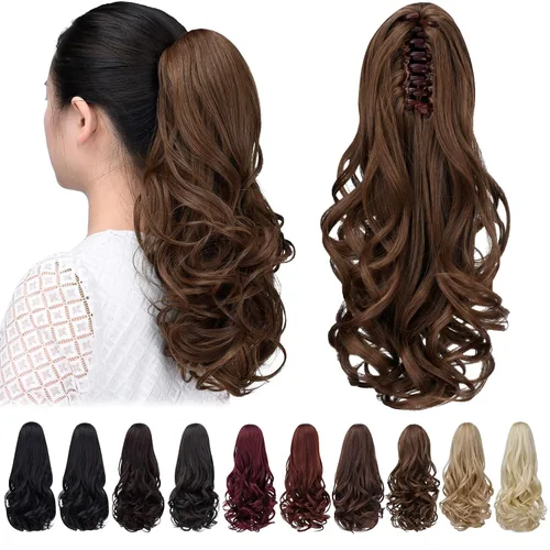 Vista 23 de Cola de caballo con clip, color castaño rojizo, ondulado de 10 pulgadas, extensión de cola de caballo de 3.3 onzas, extensiones de cabello sintético