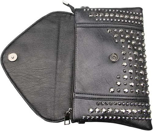 Vista 5 de Chikencall Bolso de mano de cuero con tachuelas de calavera punk negro con dos correas