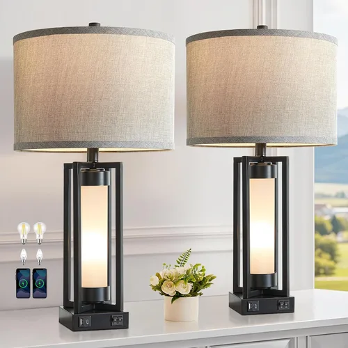 Vista 10 de Lámparas de mesa rústicas para sala de estar con puertos USB C+A, lámpara de mesita de noche vintage de granja con luz nocturna de acrílico ámbar