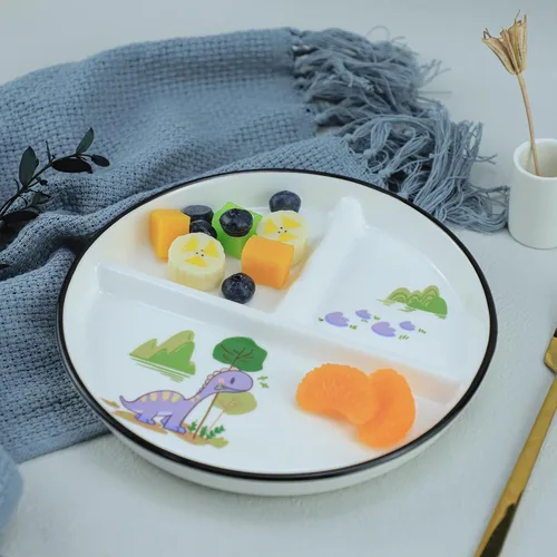 Vista 3 de 1 pieza de plato de porcelana con control de porción de dinosaurio, plato dividido para una alimentación racional, plato de postre dividido, plato