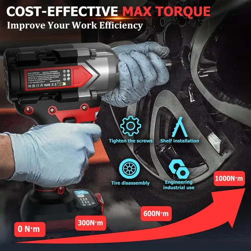 Vista 4 de Llave de Impacto Inalámbrica de 750 pies-libras, pistola de impacto de potencia de 1000 N·m, 1/2 pulgada, 21 V, 2600 RPM, Llave de Impacto eléctrica