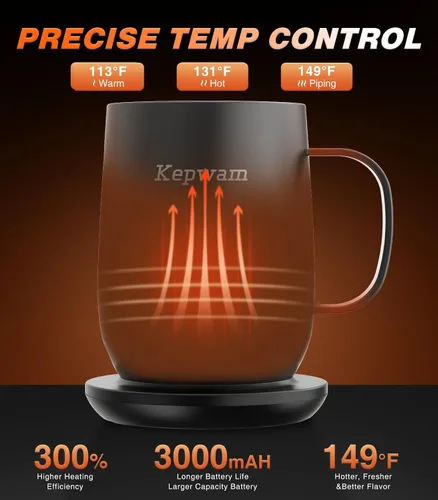 Vista 2 de Kepwam Taza de café autocalentable T2, taza de café con calefacción inteligente de 16 onzas, duración de la batería de 150 minutos, calentador