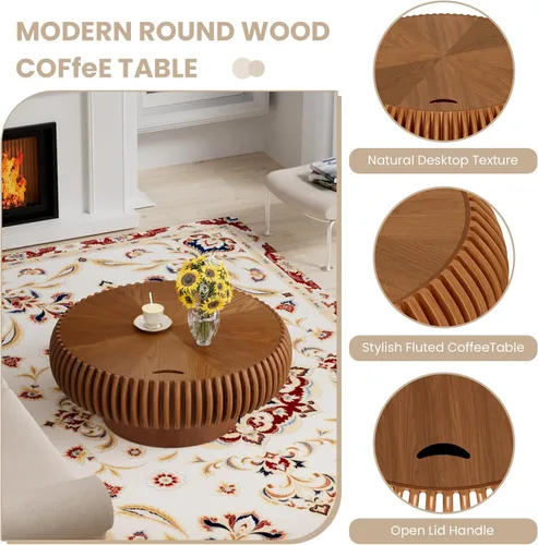 Vista 4 de Mesa de centro redonda acanalada de 31.49 pulgadas con almacenamiento, moderna mesa de centro de madera, mesa central circular con pedestal